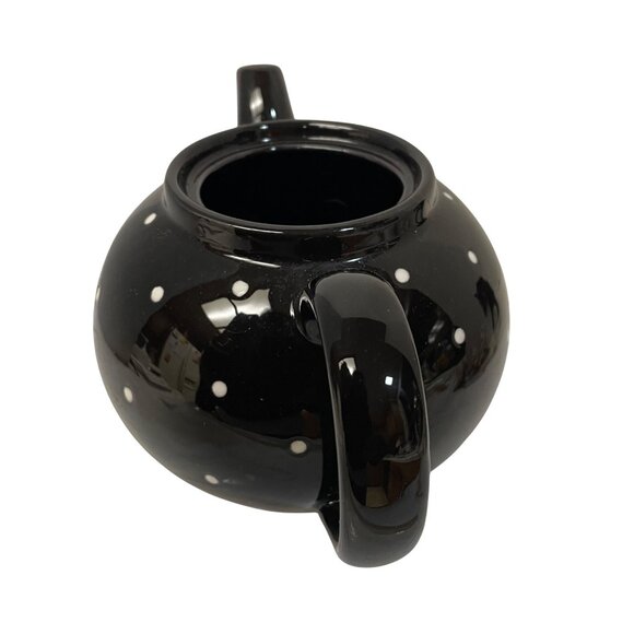 Department 56 Tea Pot Party Black White Polka Dot Teapot 5" x 9" Read - Picture 3 of 11